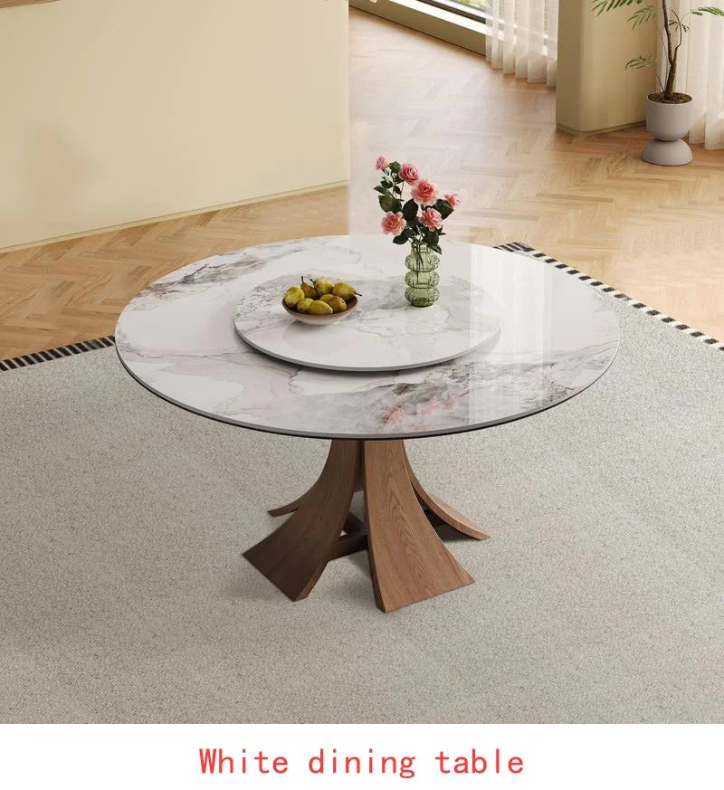59" Modern Sintered Stone Dining Table Set with 35" Round Turntable, Seats 6-8, Unique Walnut Base, Includes 6 Stylish Chairs
