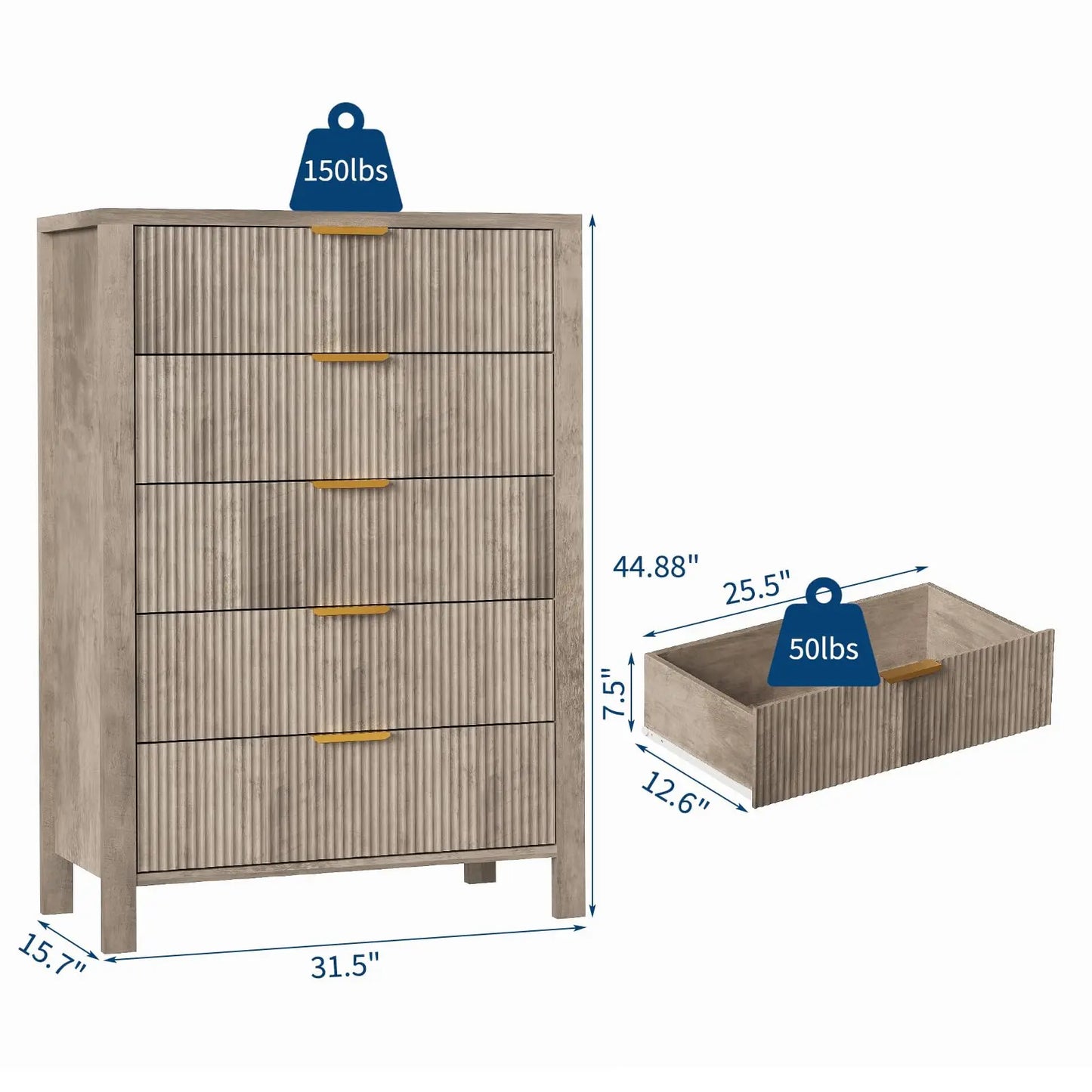 5-Drawer Tall Oak Dresser With Gold Handles, Modern Wood Storage Cabinet Organizer For Bedroom, Living Room, Hallway & Entryway