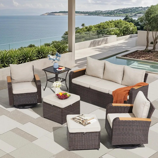 "6-Piece Wicker Patio Furniture Set, Outdoor Conversation Set with PE Rattan Sectional Sofa & Swivel Chairs – Ideal for Indoor