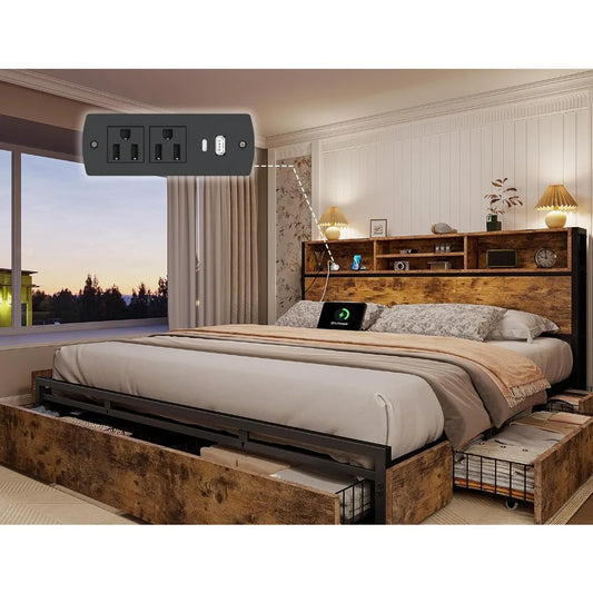 EnHomee King Size Bed Frame with 6 Storage Drawers King Bed Frame and Headboard, Storage Bed with Charging Station, No Noise,No