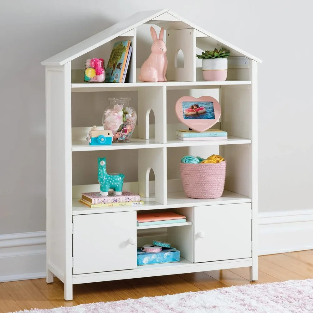 Kids Jr. Dollhouse Bookcase - Creamy White: Wooden Organizer Shelves with Two Storage Compartments for Books, Dolls