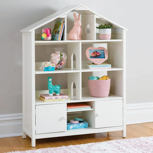 Kids Jr. Dollhouse Bookcase - Creamy White: Wooden Organizer Shelves with Two Storage Compartments for Books, Dolls