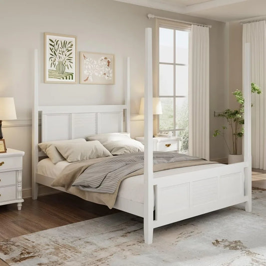 4-Poster Platform Bed King Size with Decorative Headboard and Footboards, Traditional Solid Wood Platform Bed Frame with Sturdy