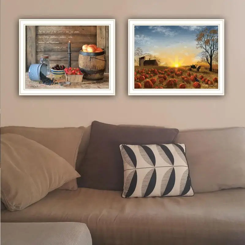 2-Piece Vignette Autumn Sunrise Wall Art, Fruit of the Spirit Framed Prints for Living Room and Bedroom Decor by Artist Billy
