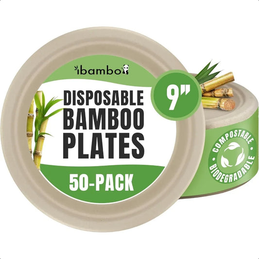 Paper Bamboo Plates Disposable 50Pack 9inch Sturdy and Microwave Safe Compostable Paper Plates Disposable Heavy Duty PFAS Free
