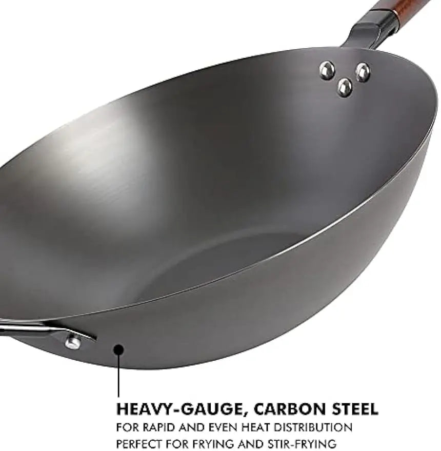 14-Inch Carbon Steel Flat Bottom Wok Pan for Stir Frying, Even Heat Distribution & Nonstick