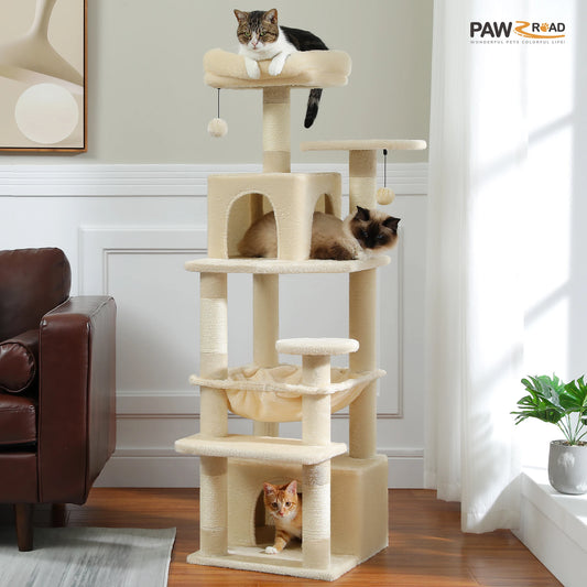 Delightful 6-Level Cat Tree Tower with Cozy Hammock and Pompoms