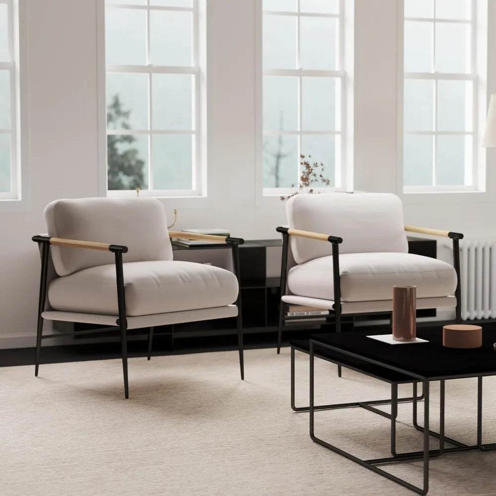 Mid-Century Accent Chair Set of 2, Soft Armchair Chenille Fabric Lounge Chair with Black Metal Legs, Upholstered Leisure Chair