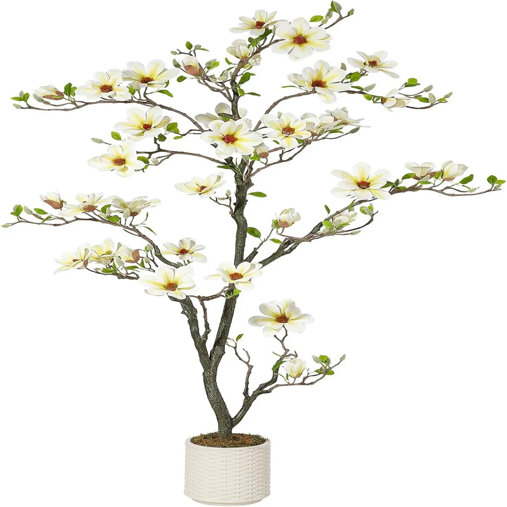 Artificial Magnolia Tree, Lifelike Flowers & Vibrant Leaves in White Pot - Perfect for Home, Office, Patio or Yard Decor