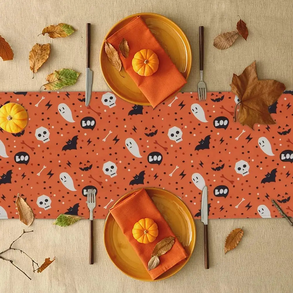 Halloween Table Runner, Cotton Linen Table Runner, Classic Halloween Elements Tablecloth-bat、Ghost for Bedroom Home Living Room