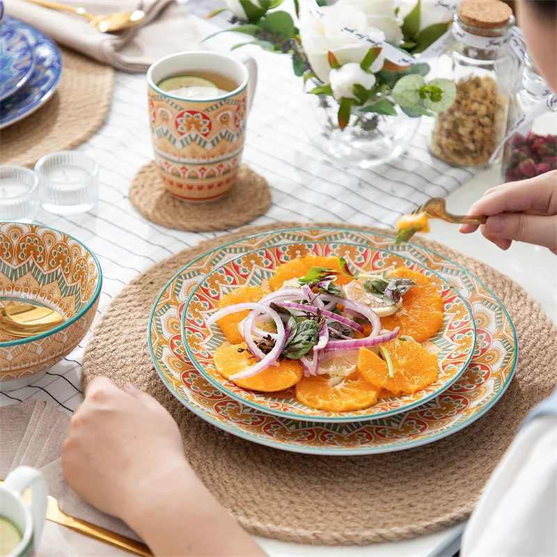 16Pcs Ceremic Plate Porcelain Dinnerware Set Bohemian Mandala Patterned with Dinner Plate,Dessert Plate,Bowl,Mug Tableware Set