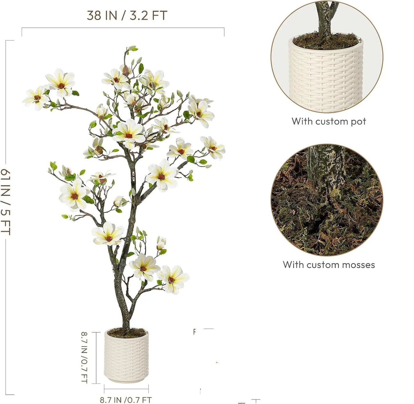 Artificial Magnolia Tree, Lifelike Flowers & Vibrant Leaves in White Pot - Perfect for Home, Office, Patio or Yard Decor
