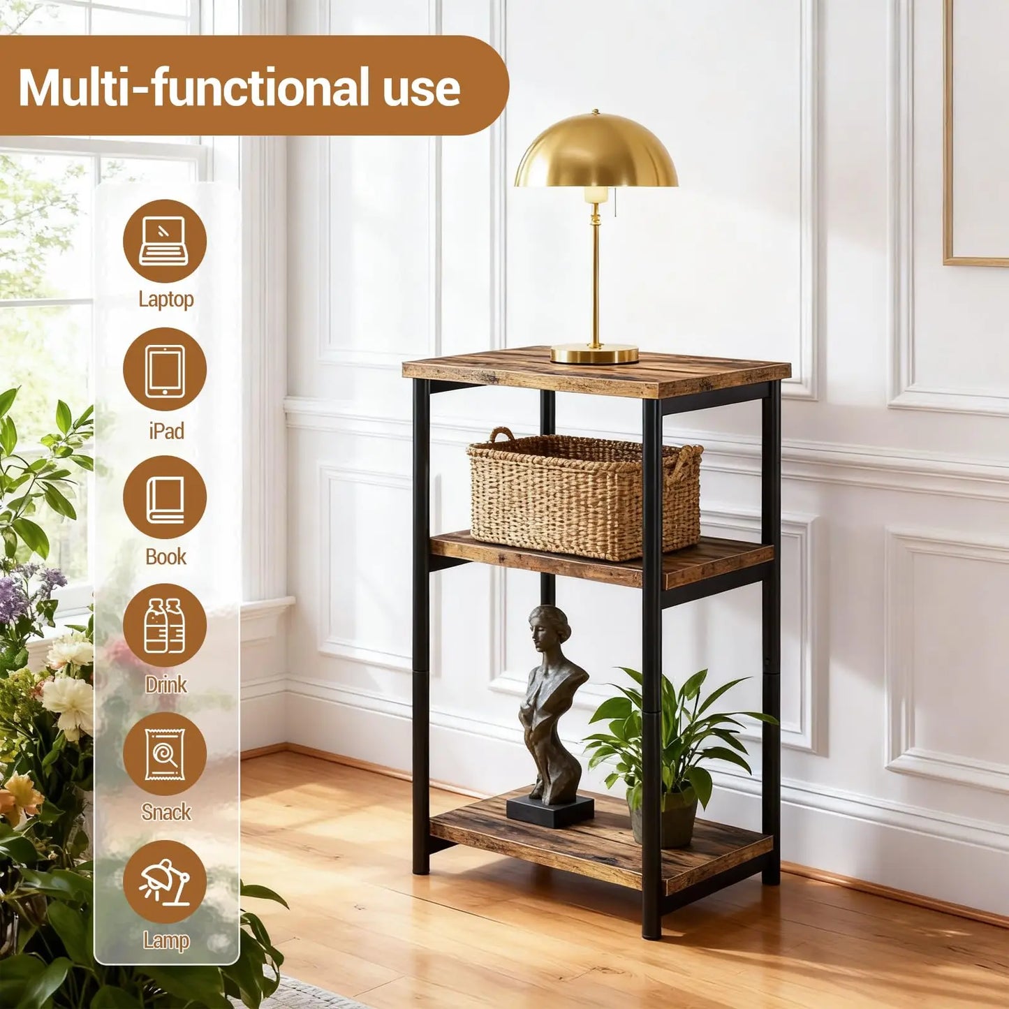 3 Tier End Table, Tall Side Table with Storage, Telephone Tables with Metal Frame Small Nightstand for Small Spaces