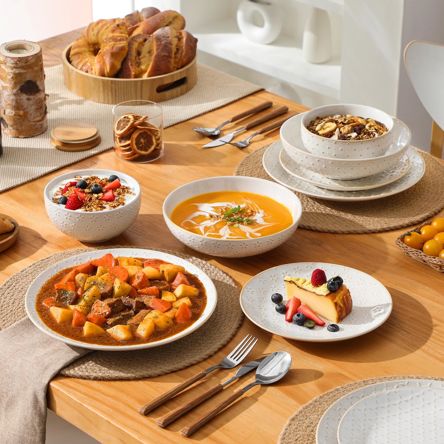 MALACASA LYDIA 12/16 Piece Ceramic Dinnerware Set Modern Relief Design with 4/8 pcs Dinner Plate/Dessert/Soup/Cereal Bowl