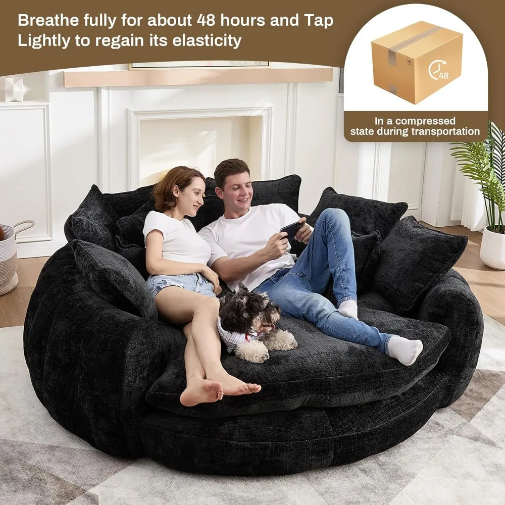 Oversized Round Chaise Lounge, Plush Lazy Bean Bag Sofa with 14 Pillows, Comfortable Chenille Upholstered Barrel Sleeper Bed