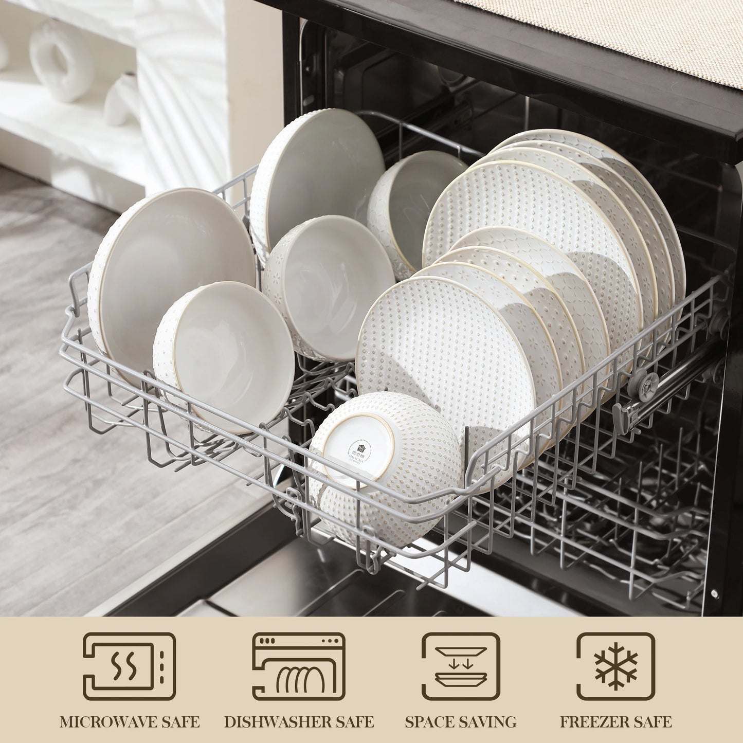 MALACASA LYDIA 12/16 Piece Ceramic Dinnerware Set Modern Relief Design with 4/8 pcs Dinner Plate/Dessert/Soup/Cereal Bowl