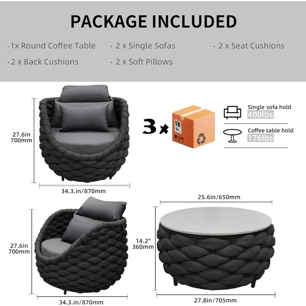 3 Pieces Aluminum Patio Furniture Set, Hand Woven Polyester Rope Modern Outdoor Set W/Washable Cushion