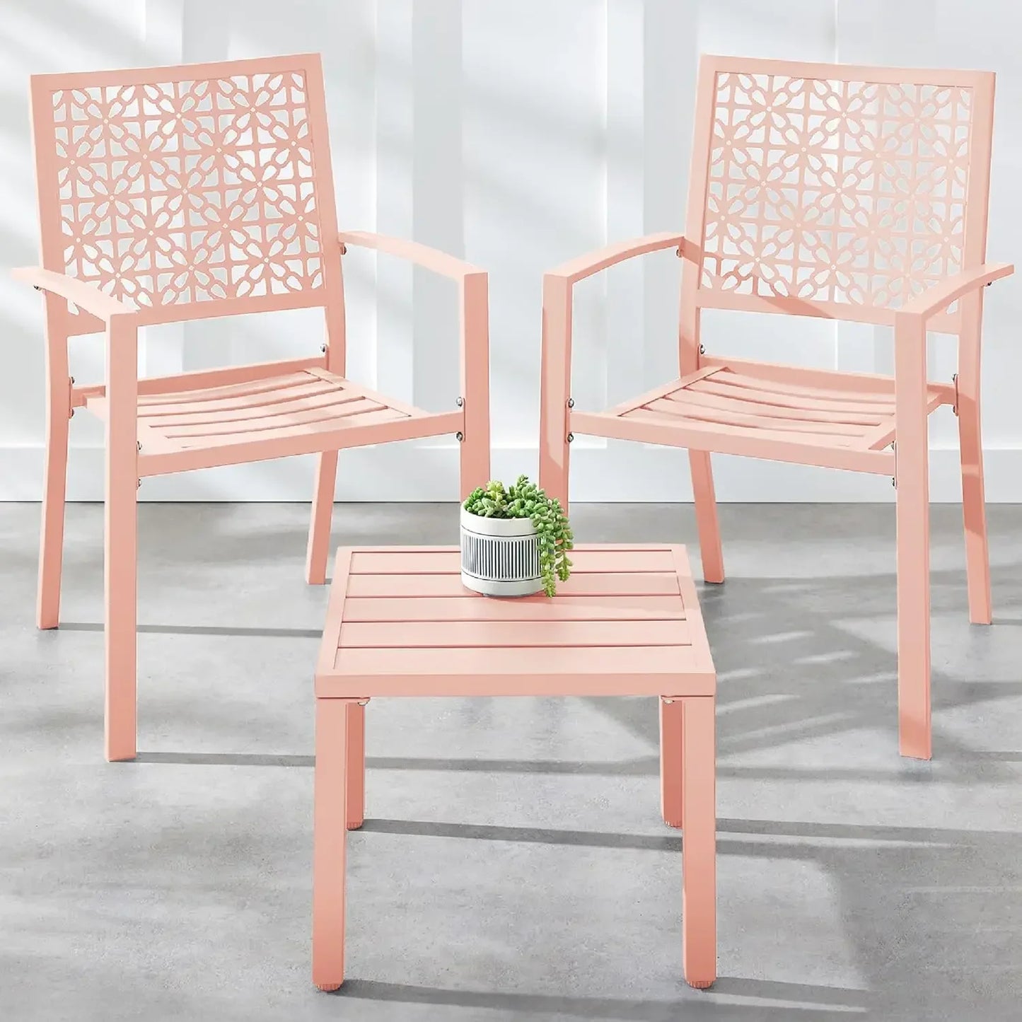 3-Piece Outdoor Bistro Set, Stackable Modern Steel Furniture for Porch, Garden w/ 2 Chairs, Table, Geometric Decor