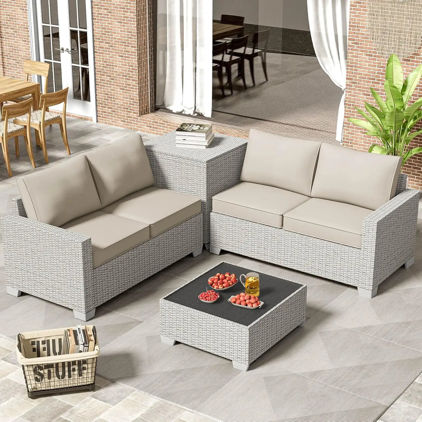 Premium Outdoor Patio Furniture Set with Storage & Glass Table, Patio Conversation Sets with Thick Cushions, 4 Piece Rattan
