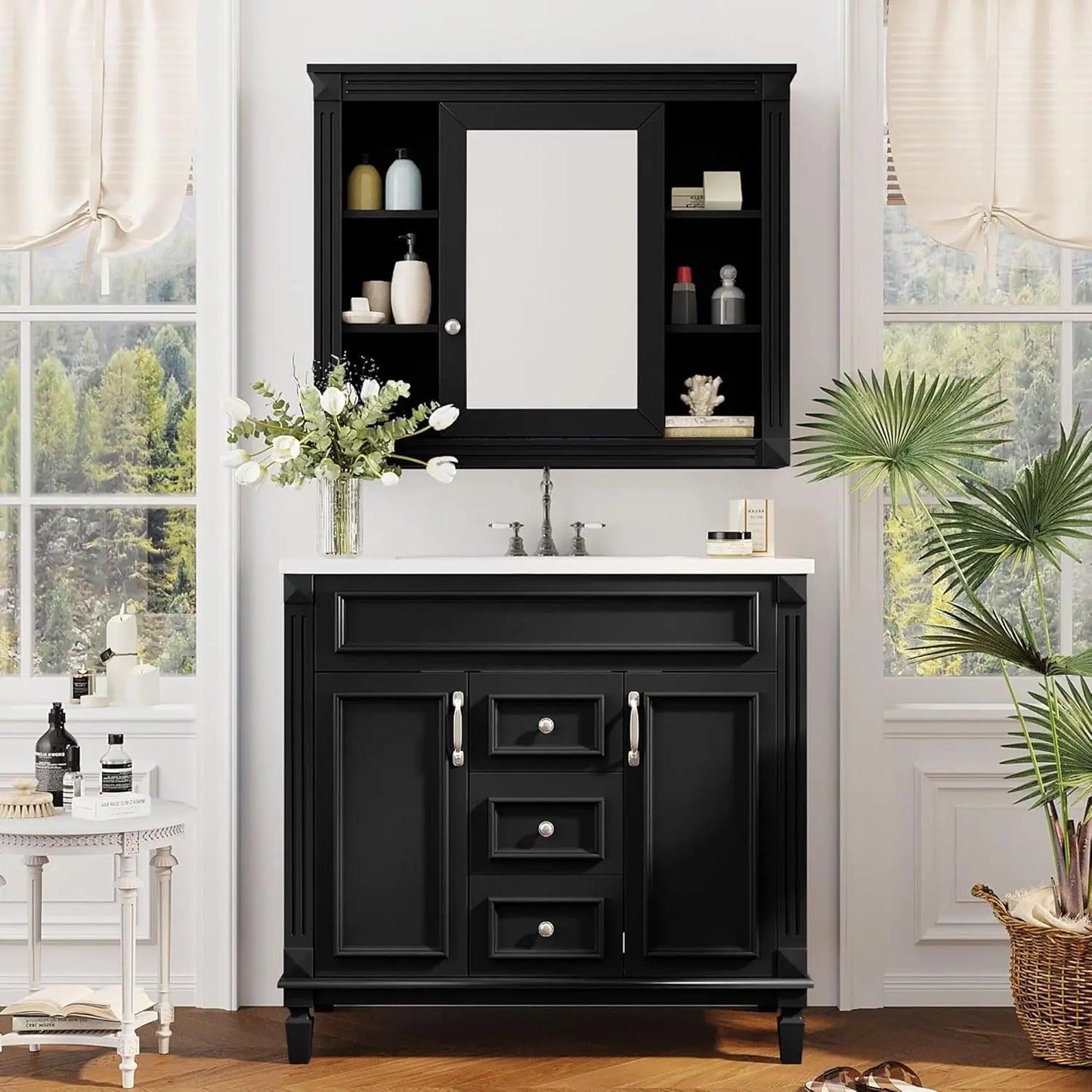 36'' Bathroom Vanity with Matching Medicine Cabinet and Ceramic Sink, Traditional Freestanding Bathroom Storage Cabinet