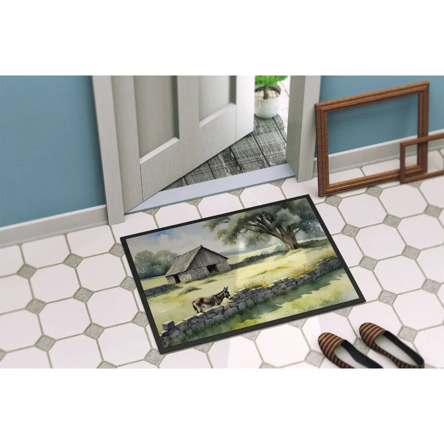 Donkey by the Stone Wall Doormat Front Door Mat Indoor Outdoor Rugs for Entryway Non Slip Washable Low Pile 24H X 36W