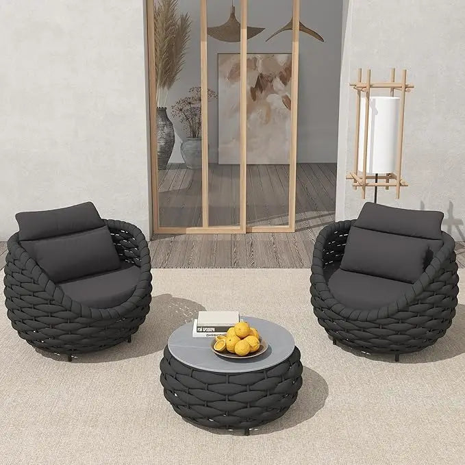 3 Pieces Aluminum Patio Furniture Set, Hand Woven Polyester Rope Modern Outdoor Set W/Washable Cushion