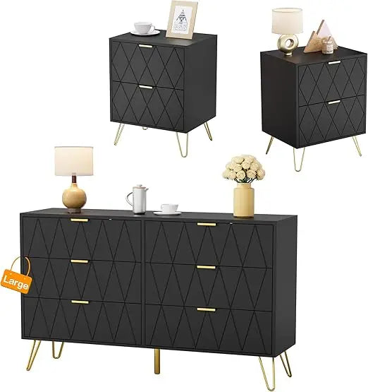 Black Three Piece Bedroom Set With Nightstands And Dresser