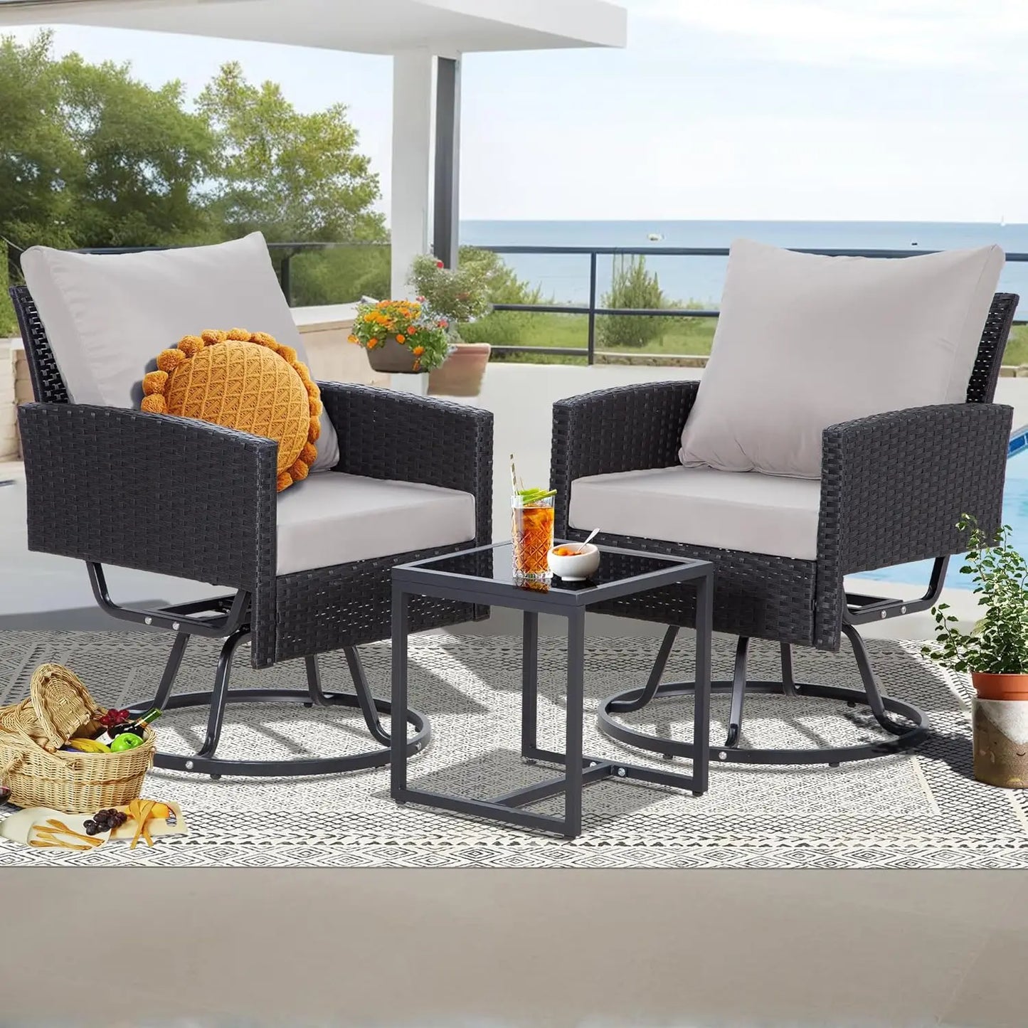 3 Pieces Swivel Patio Furniture Set,Outdoor Wicker Bistro Set with Glass Coffee Table and Thick Cushions for Garden, Balcony