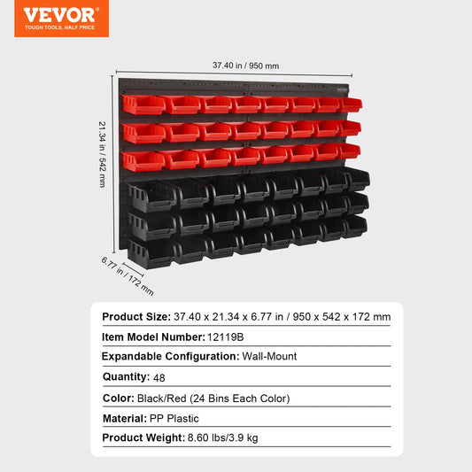 SucceBuy Wall Mounted Storage Bins 30/48-Bin Parts Rack Organizer Garage with Wall Panels Hooks Plastic Shop Tool
