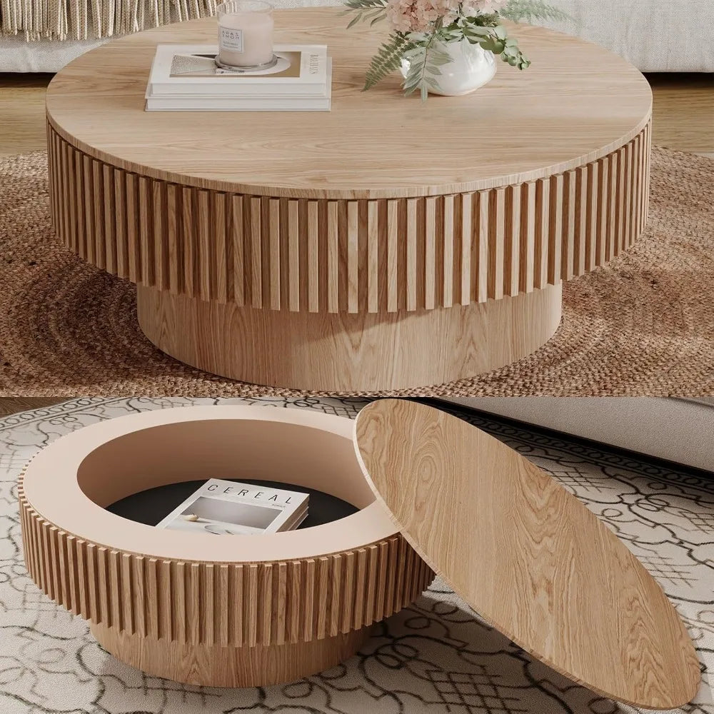 Modern Circular Coffee Table with Storage, Luxury Drum Style Center Table, Solid Wood Veneer Accent Side Table