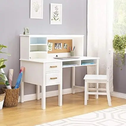 Kids Taiga Desk and Chair Set with Hutch - Gray: Wooden Study Desk with Storage Shelves, Corkboard, and Drawers | Kids Bedroom