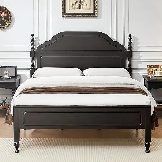 BedsPick Solid Wood Bed Frame Queen Size, Wooden Retro Style Queen Bed Frame with Headboard and Footboard, Heavy Duty Bed Frame