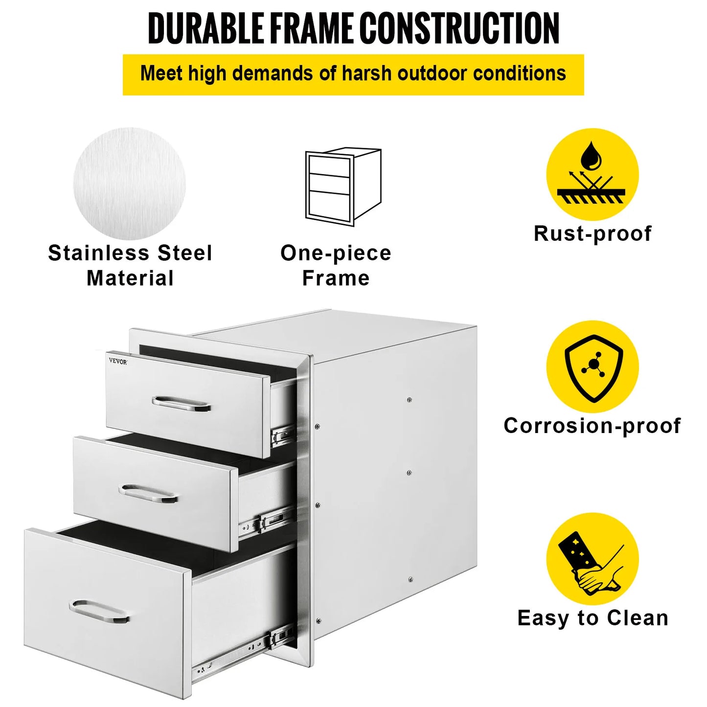 SucceBuy Stainless Steel Outdoor Kitchen Drawer With Handle Triple Layer for BBQ Island Grilling Cabinet Storing Cookware