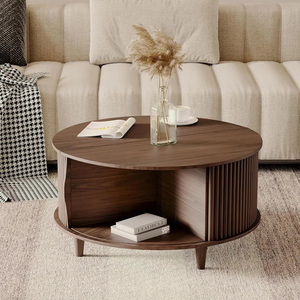 Coffee Table with Storage, Fluted Center Table with Sliding Cabinet Door, 31.5 Small Center for Home Small Space Living Room