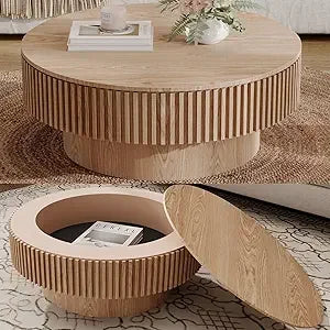 Modern Circular Coffee Table with Storage, Luxury Drum Style Center Table, Solid Wood Veneer Accent Side Table