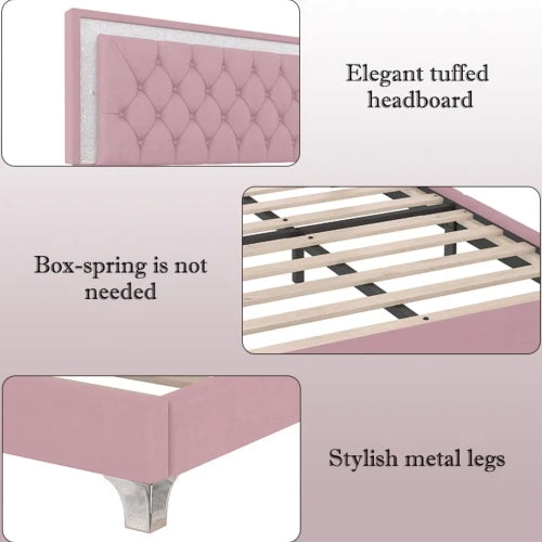 3 Piece Queen Size Upholstered Bed With LED Lights Pink Set