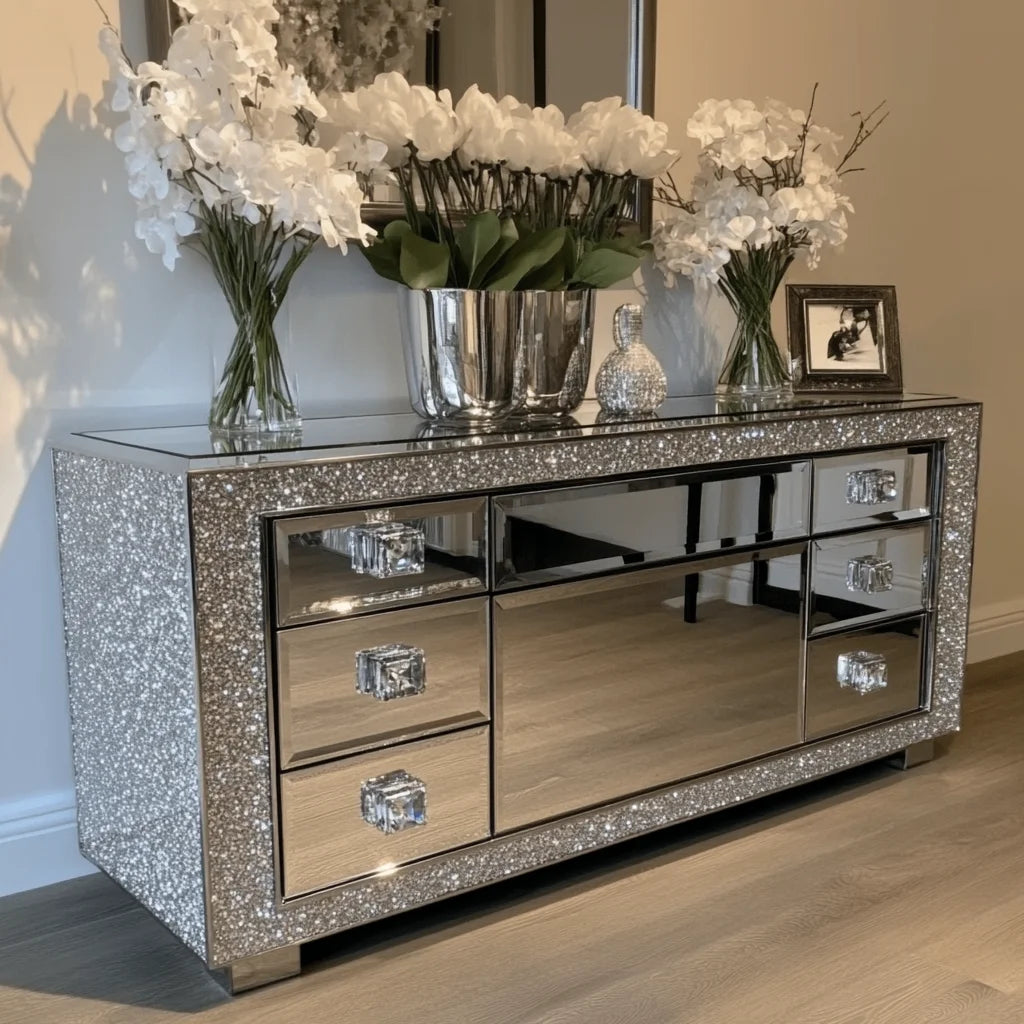 XMSJ Floating Crystal Mirrored Diamond TV Cabinet Stand