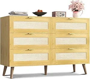 Black Dresser for Bedroom, 47.24'' Wide 6 Drawer Wood Dresser Storage Organizer with Sturdy Metal Handle, TV Stand for 55 inch