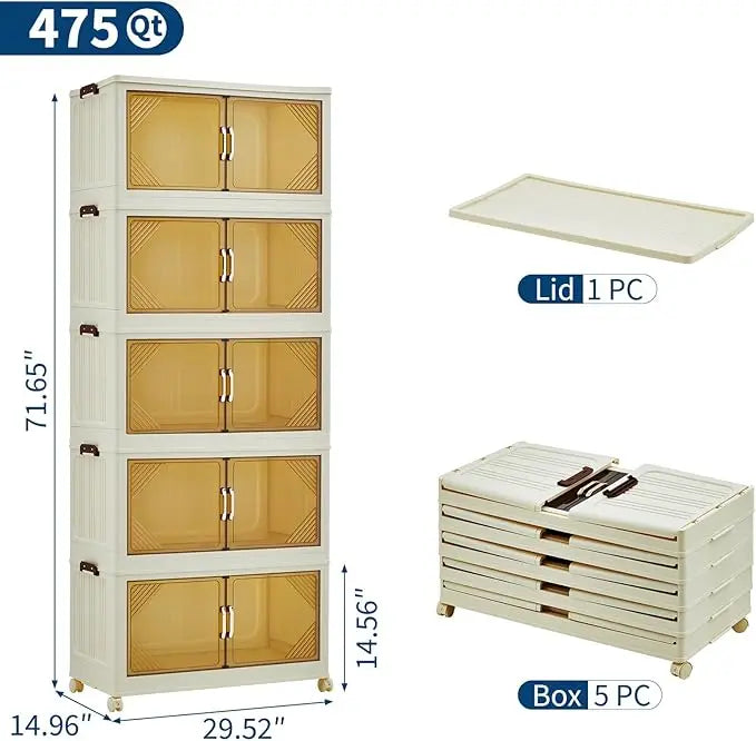 504QT Stackable Storage Bins, Plastic Bins for Storage with Lids,Magnetic Doors,Foldable Collapsible Closet Organizers for Home