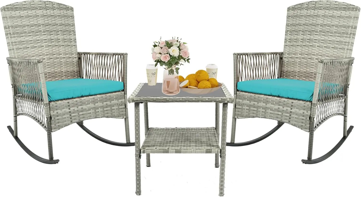 3 Piece Patio Conversation Set, Outdoor Rocking Chairs Set of 2, Wicker Furniture Set with Glass Top Coffee Table and Cushions
