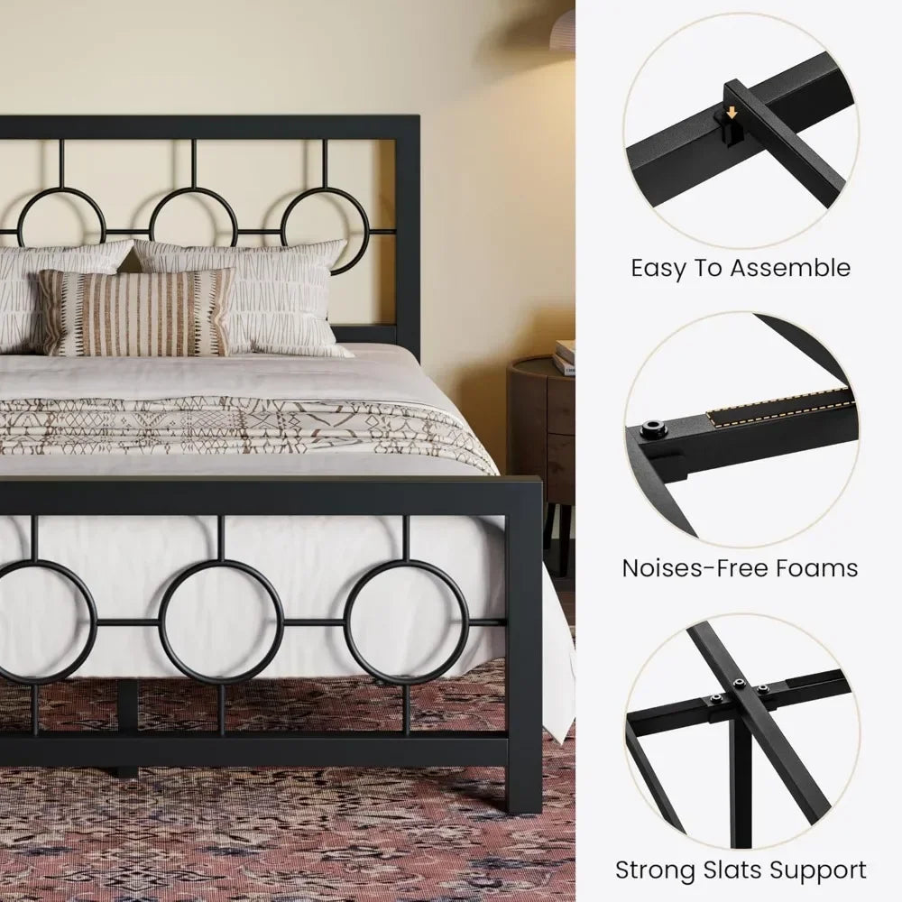 Full Size Bed Frame with Vintage Circular Design Headboard and Footboard, No Box Spring Required, Easy Assembly, Noise-Free
