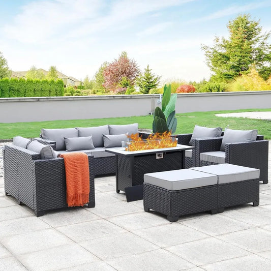 7 Piec Outdoor Furniture Set with 45-Inch Propane Fire Pit Table, No-Slip Cushions and Waterproof Covers, Wicker Furniture Set