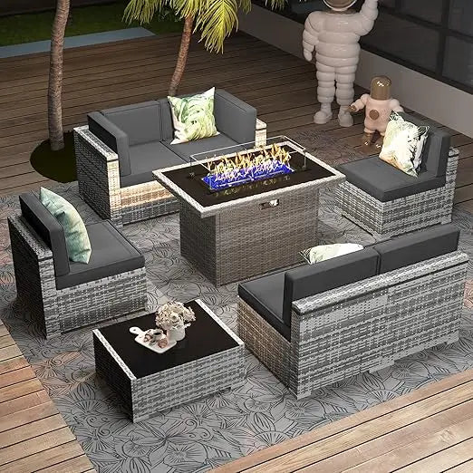 8 Pieces Patio Furniture Set with 44" Propane Gas Fire Pit Table, Outdoor Sectional Wicker Conversation Sofa Sets with Coffee Ta