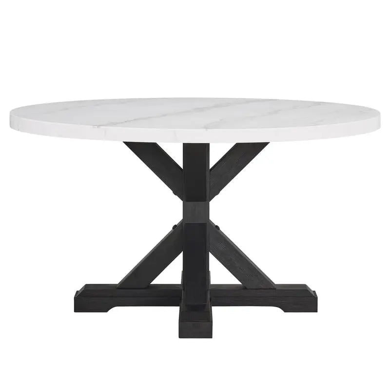 Contemporary 5pc Dining Set with White Marble Round Table, Dove Gray Upholstered Wingback Chairs, Black Solid Wood Finish for