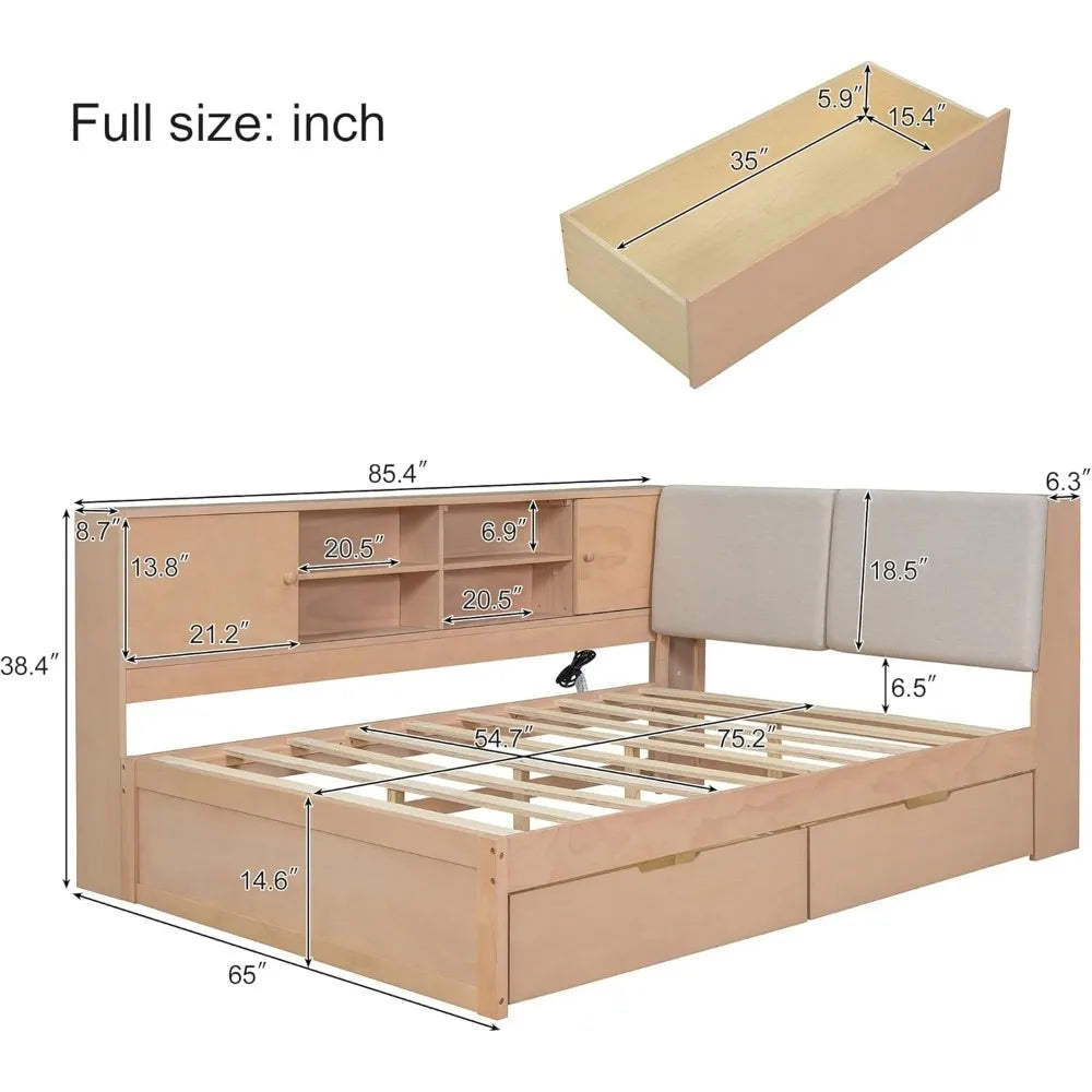 Full Daybed with Storage Bookcase,Upholstered Headboard and Charging Station,Solid Wood Full Captain Bed with Storage Drawers C