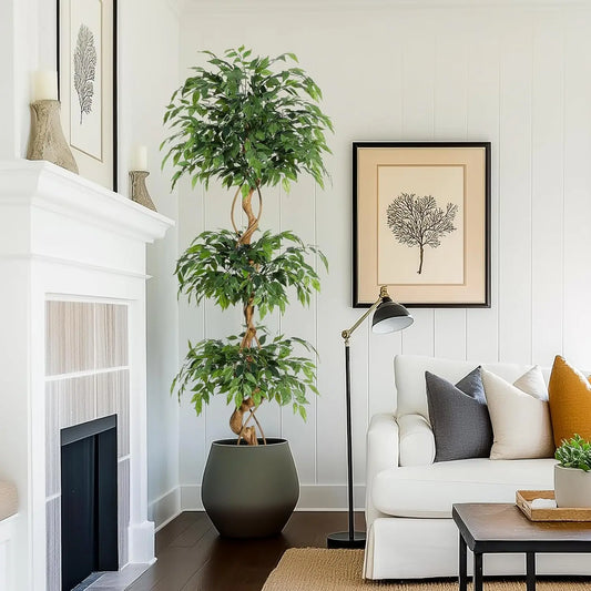 Ficus Tree Artificial, 4FT/5FT/6FT Artificial Plants Indoor in Sturdy White Pot,Indoor Faux Green Tree for Home Decor Indoor