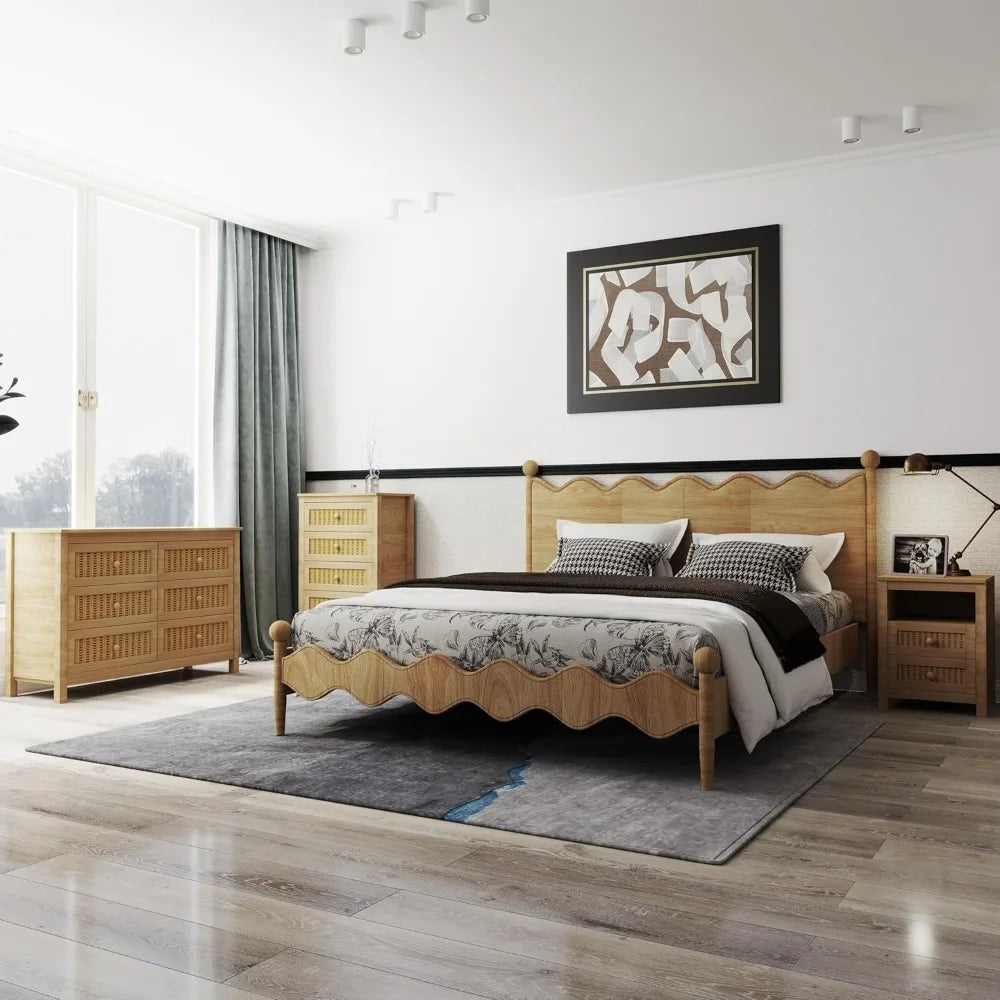 Farmhouse Bedroom Set, 3 Pieces Bedroom Furniture Set, Rustic Wood 6 Drawer Dresser and Nightstands, Chest of Drawers Wide Stora