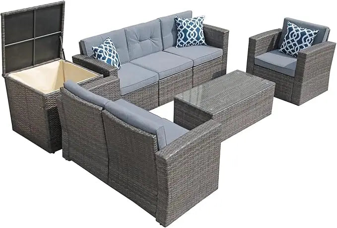 Super Patio 8 Pieces Outdoor Patio Furniture Set, Wicker Patio Conversation Sets with Storage Box, Rattan Outdoor Sectional Sofa