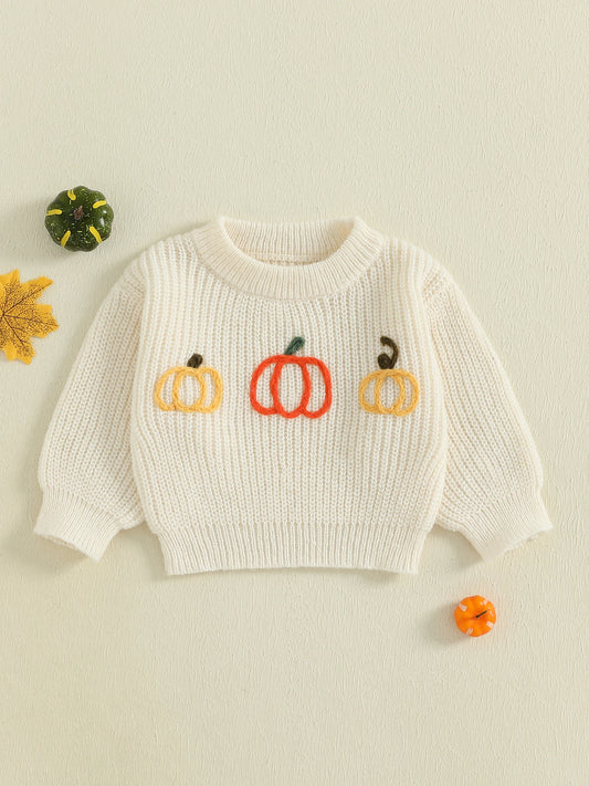 Infant Halloween Pumpkin Embroidered Sweater Crewneck Long Sleeve Pullover Chunky Knit Top for Toddlers