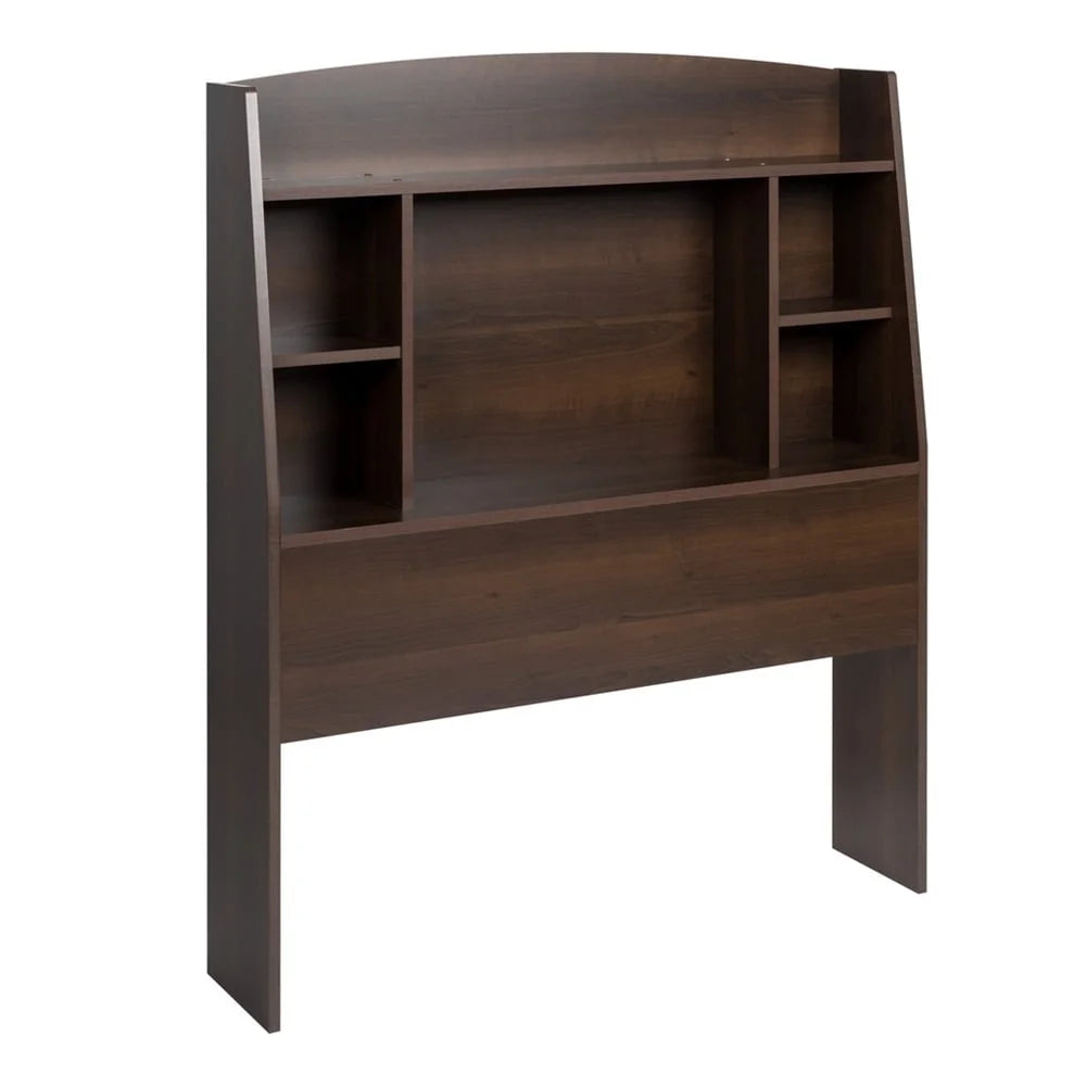 Twin Bookcase Headboard Espresso Solid Wood Storage Compartments Space Saving Bedroom Furniture Assembly Required